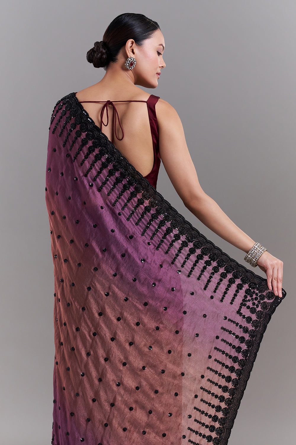 Ombré Purple and Copper Shimmer Satin Organza Embellished Saree