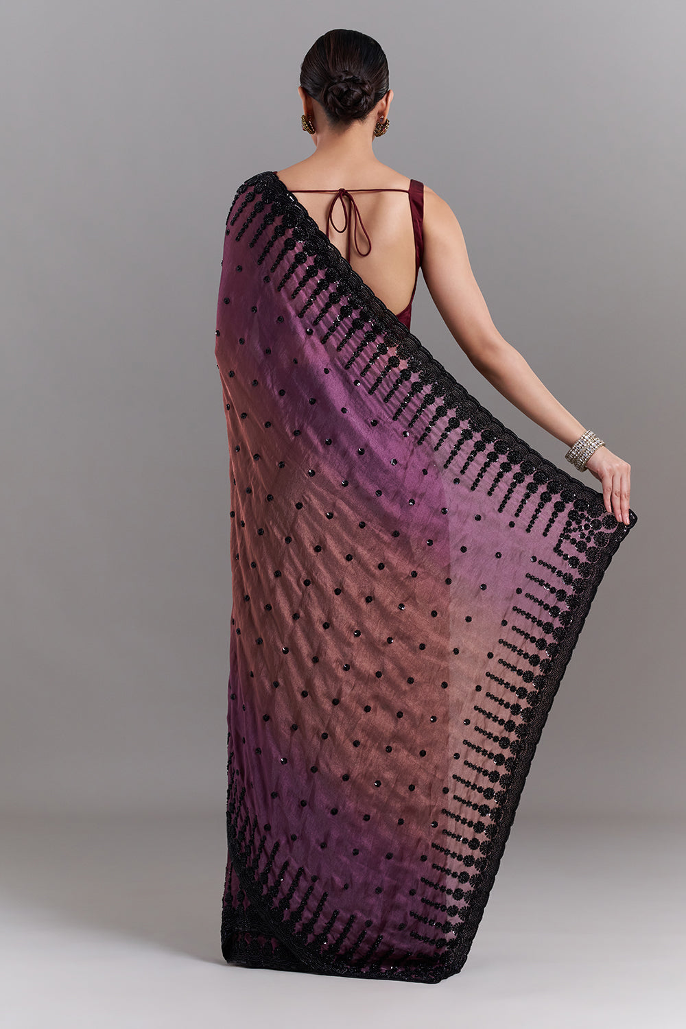 Ombré Purple and Copper Shimmer Satin Organza Embellished Saree
