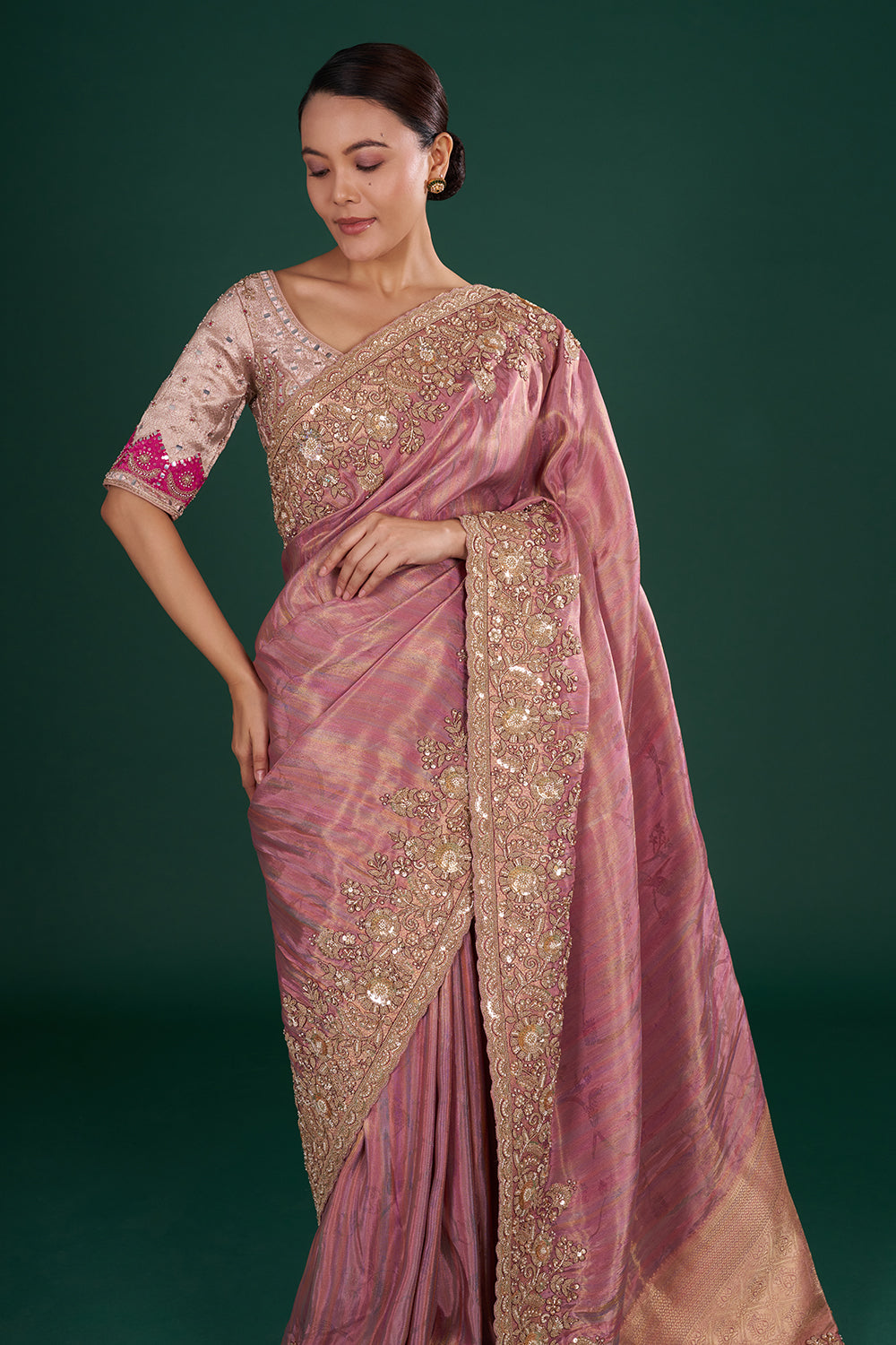 Onion Pink Shimmer Tissue Saree with Resham Embroidery and Unstitched Blouse