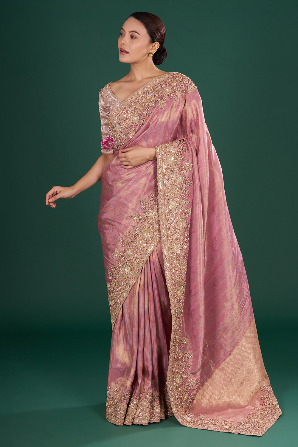 Onion Pink Shimmer Tissue Saree with Resham Embroidery and Unstitched Blouse