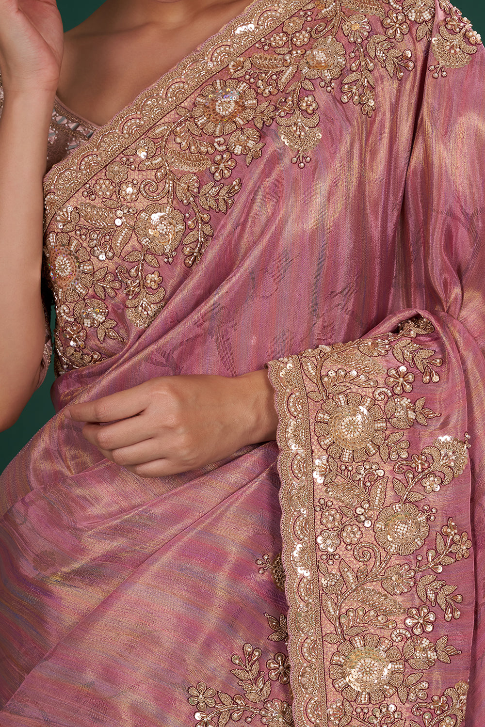 Onion Pink Shimmer Tissue Saree with Resham Embroidery and Unstitched Blouse
