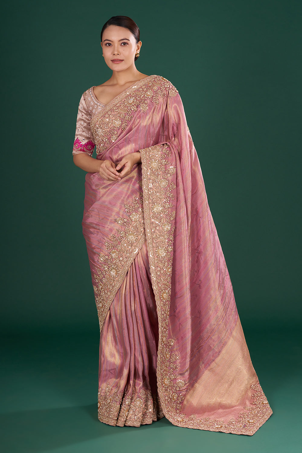Onion Pink Shimmer Tissue Saree with Resham Embroidery and Unstitched Blouse