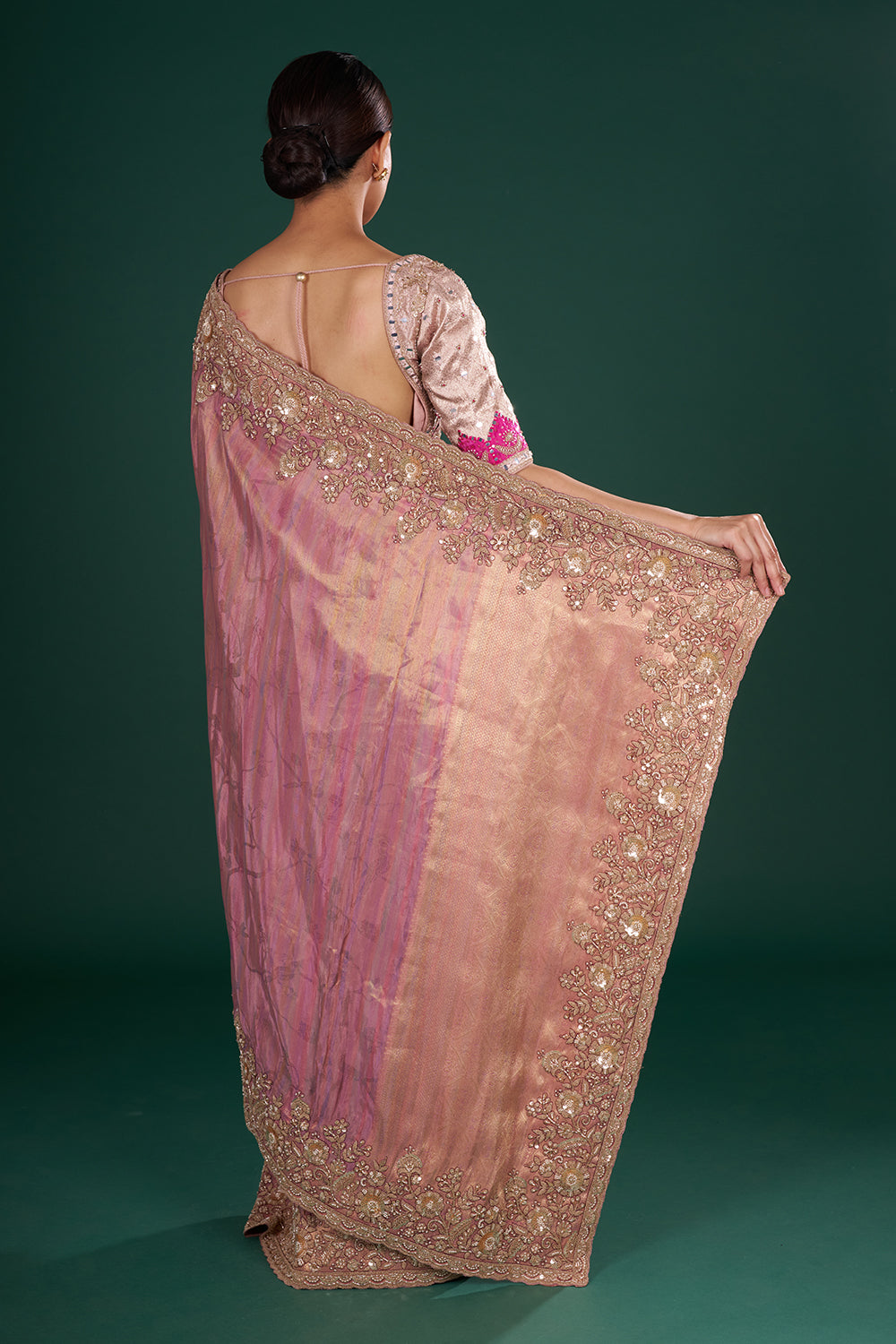 Onion Pink Shimmer Tissue Saree with Resham Embroidery and Unstitched Blouse