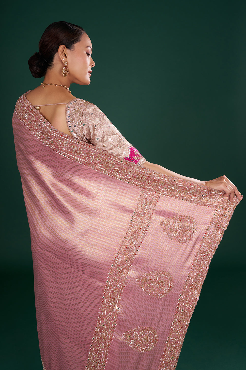 Onion Pink Shimmer Brocade Embroidered Saree and Unstitched Blouse