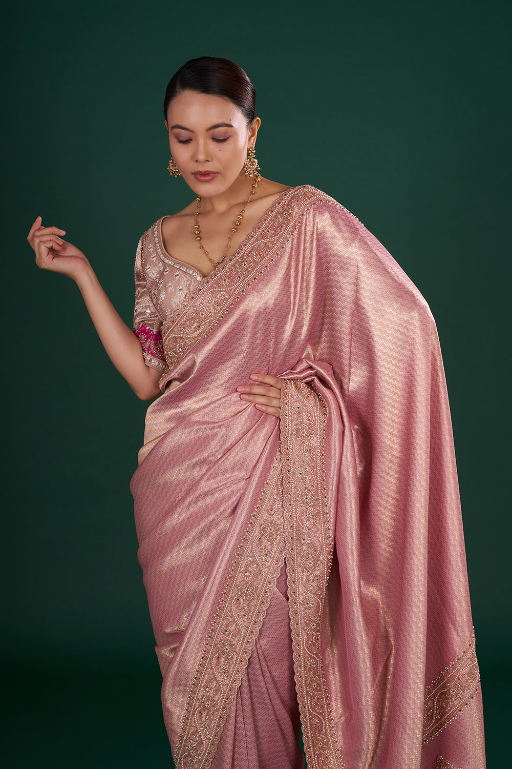 Onion Pink Shimmer Brocade Embroidered Saree and Unstitched Blouse