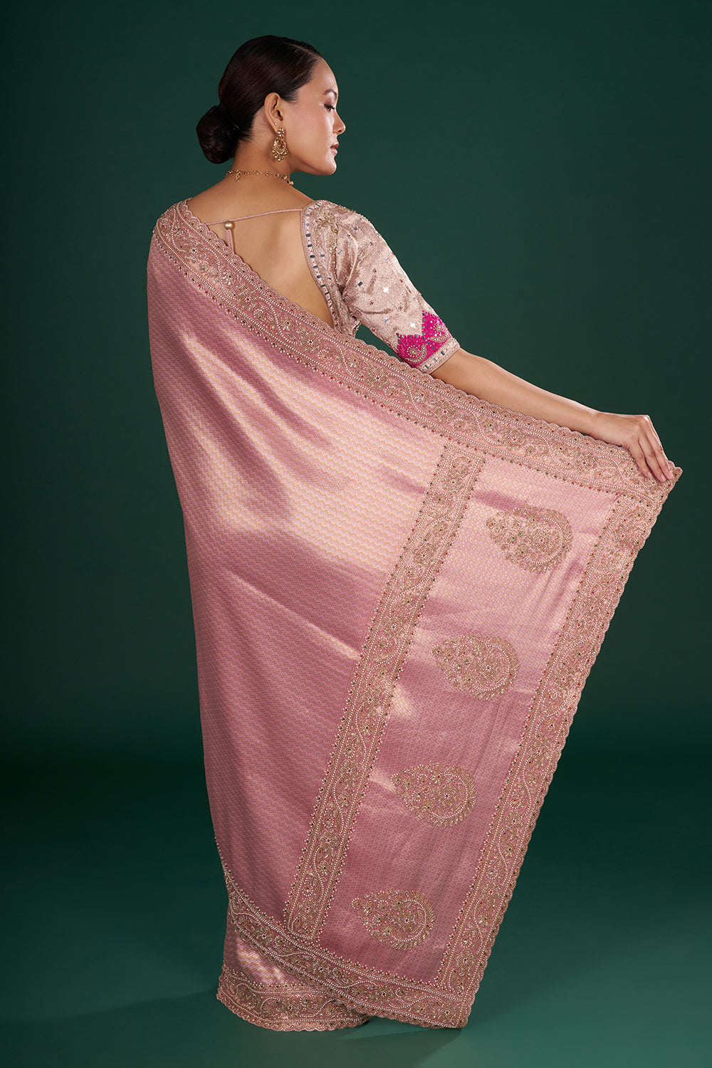 Onion Pink Shimmer Brocade Embroidered Saree and Unstitched Blouse