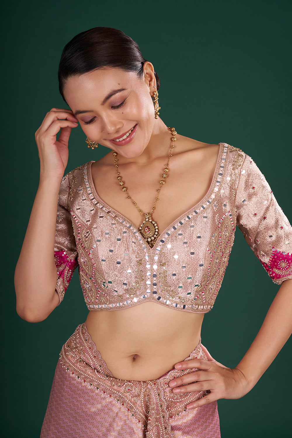 Onion Pink Shimmer Brocade Embroidered Saree and Unstitched Blouse