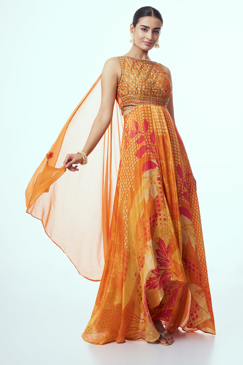 Orange Shimmer Contemporary Gown with Zardozi Work