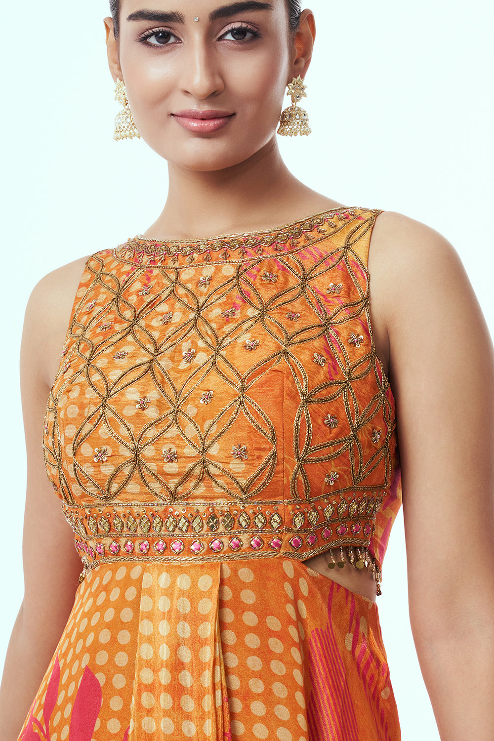 Orange Shimmer Contemporary Gown with Zardozi Work