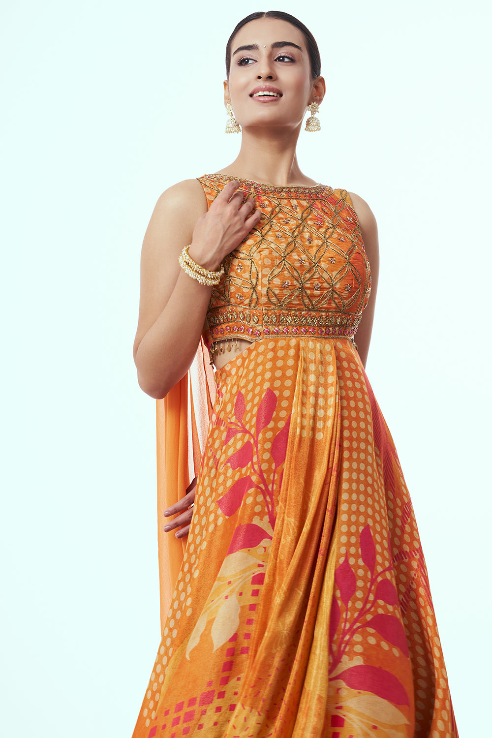 Orange Shimmer Contemporary Gown with Zardozi Work
