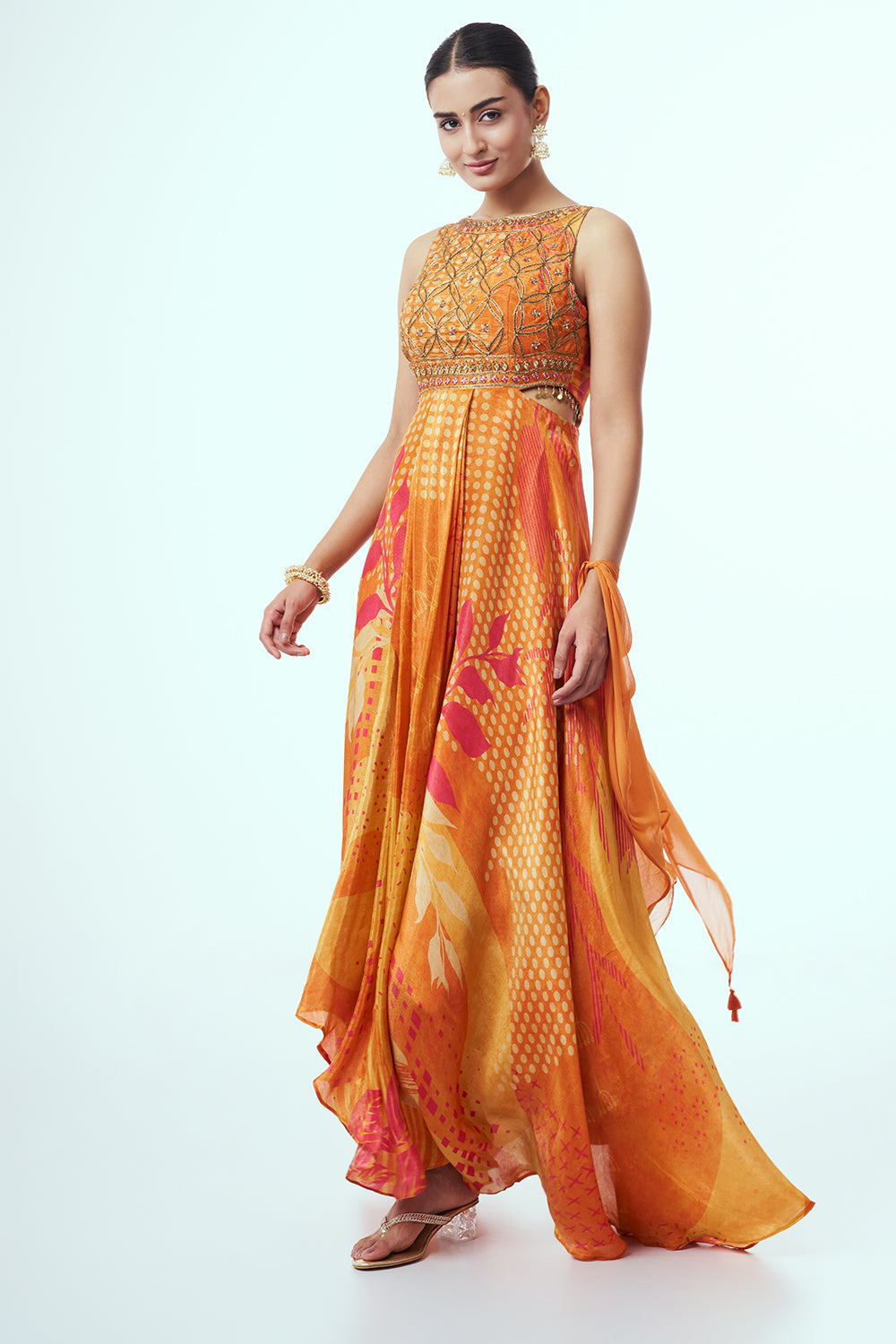 Orange Shimmer Contemporary Gown with Zardozi Work