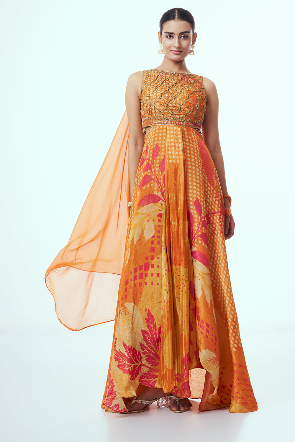 Orange Shimmer Contemporary Gown with Zardozi Work