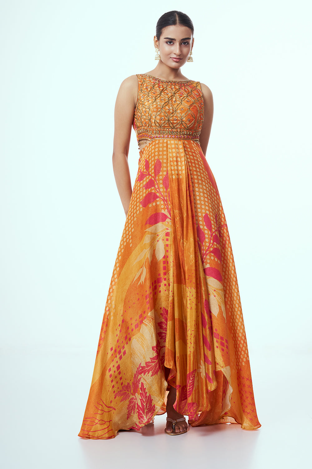 Orange Shimmer Contemporary Gown with Zardozi Work