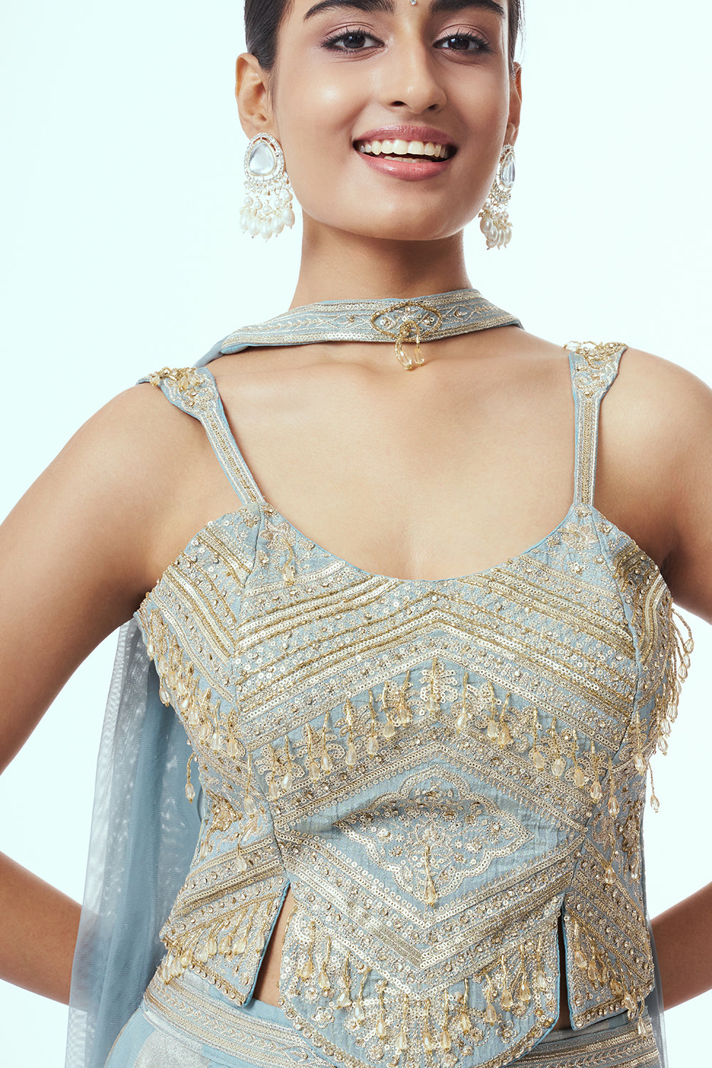Pastel Blue Crepe Indo Western with Stone Work