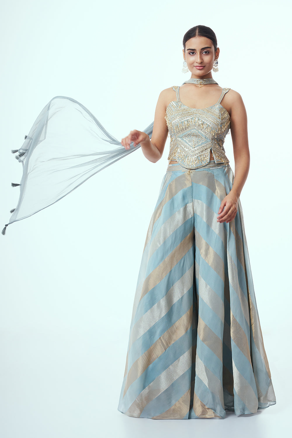 Pastel Blue Crepe Indo Western with Stone Work