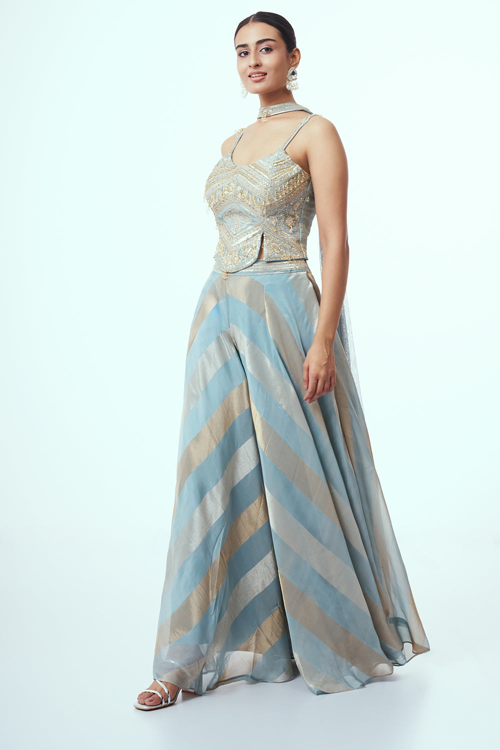 Pastel Blue Crepe Indo Western with Stone Work