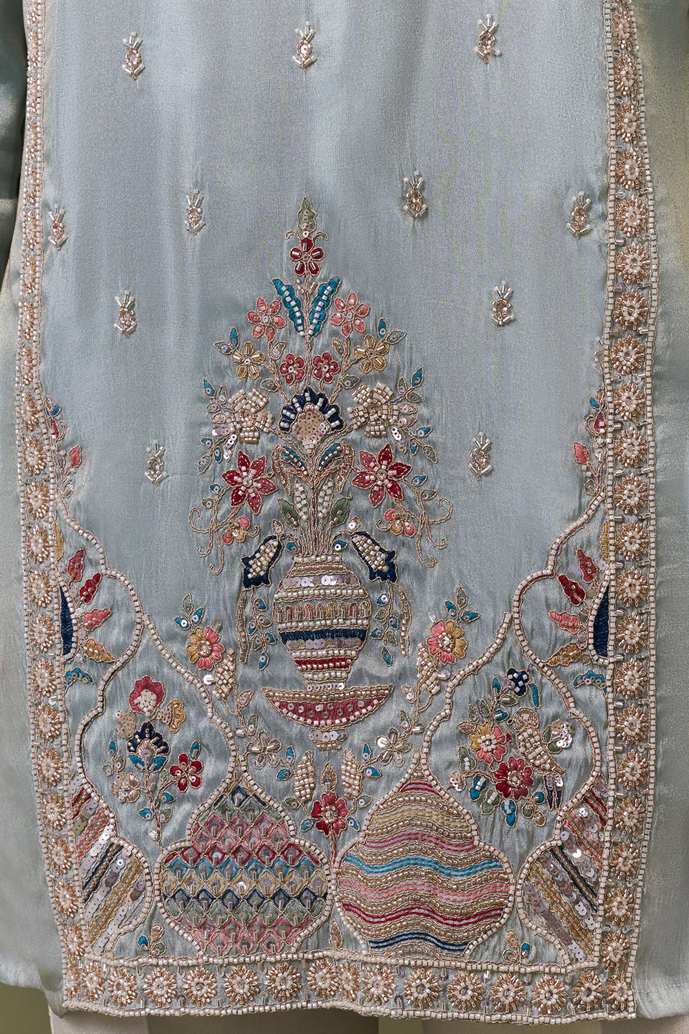 Pastel Blue Shimmer Georgette Heritage Vase Embellished Kurta Set