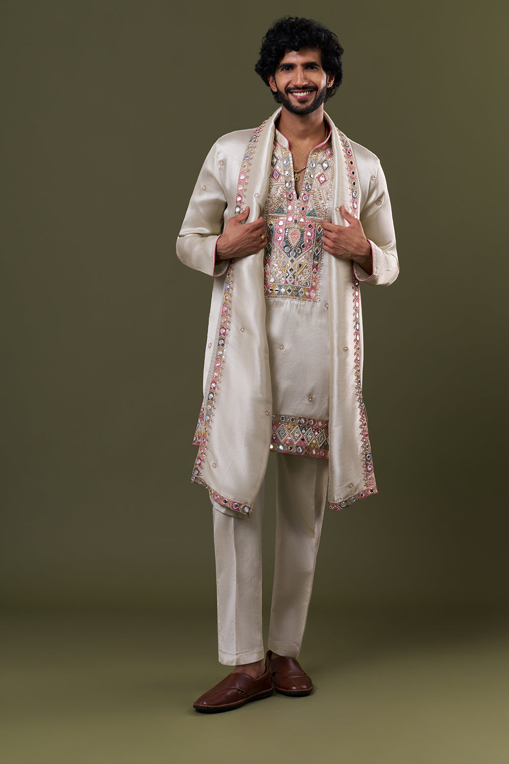 Pastel Blue Tissue Silk Mirror Embellished Kurta Set with Stole