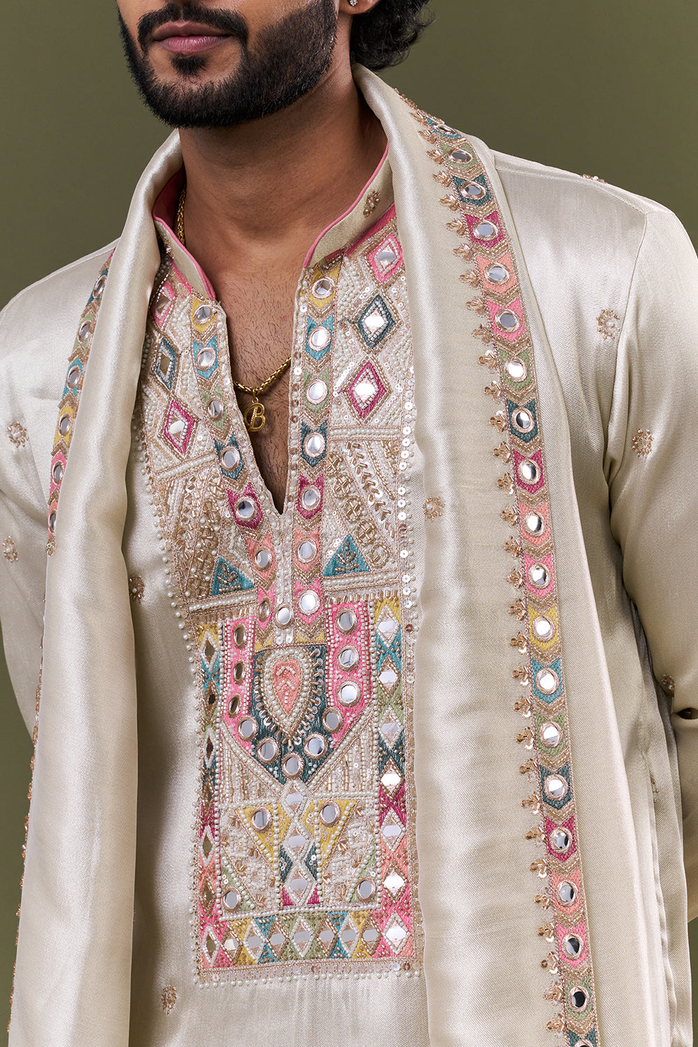 Pastel Blue Tissue Silk Mirror Embellished Kurta Set with Stole
