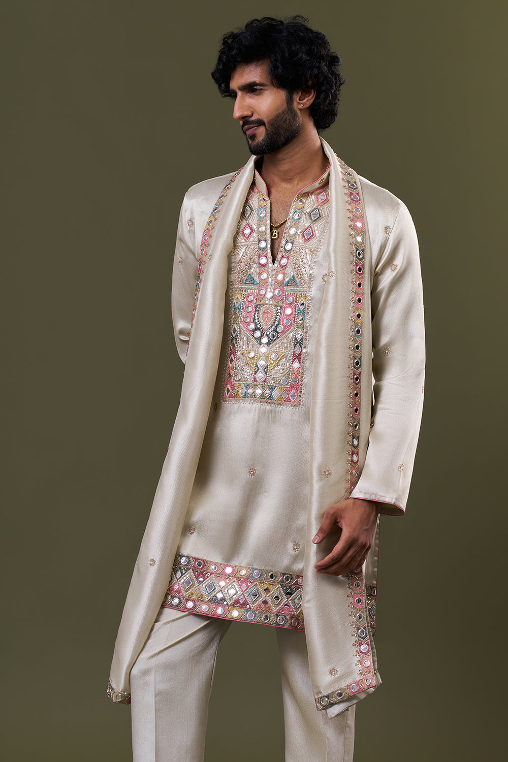 Pastel Blue Tissue Silk Mirror Embellished Kurta Set with Stole