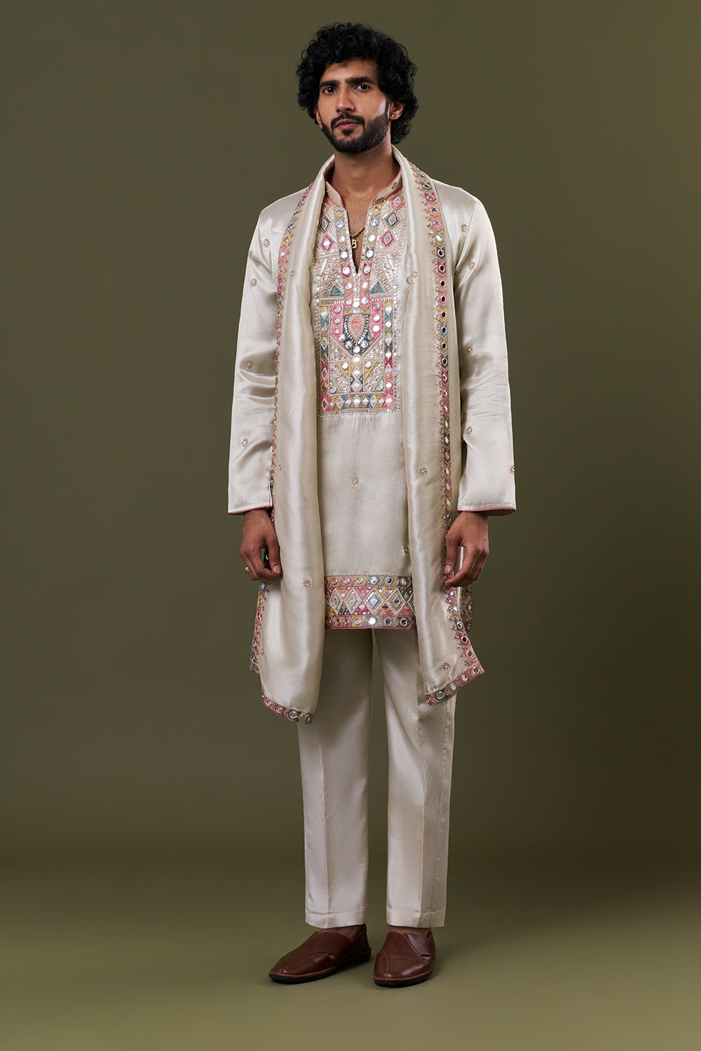 Pastel Blue Tissue Silk Mirror Embellished Kurta Set with Stole
