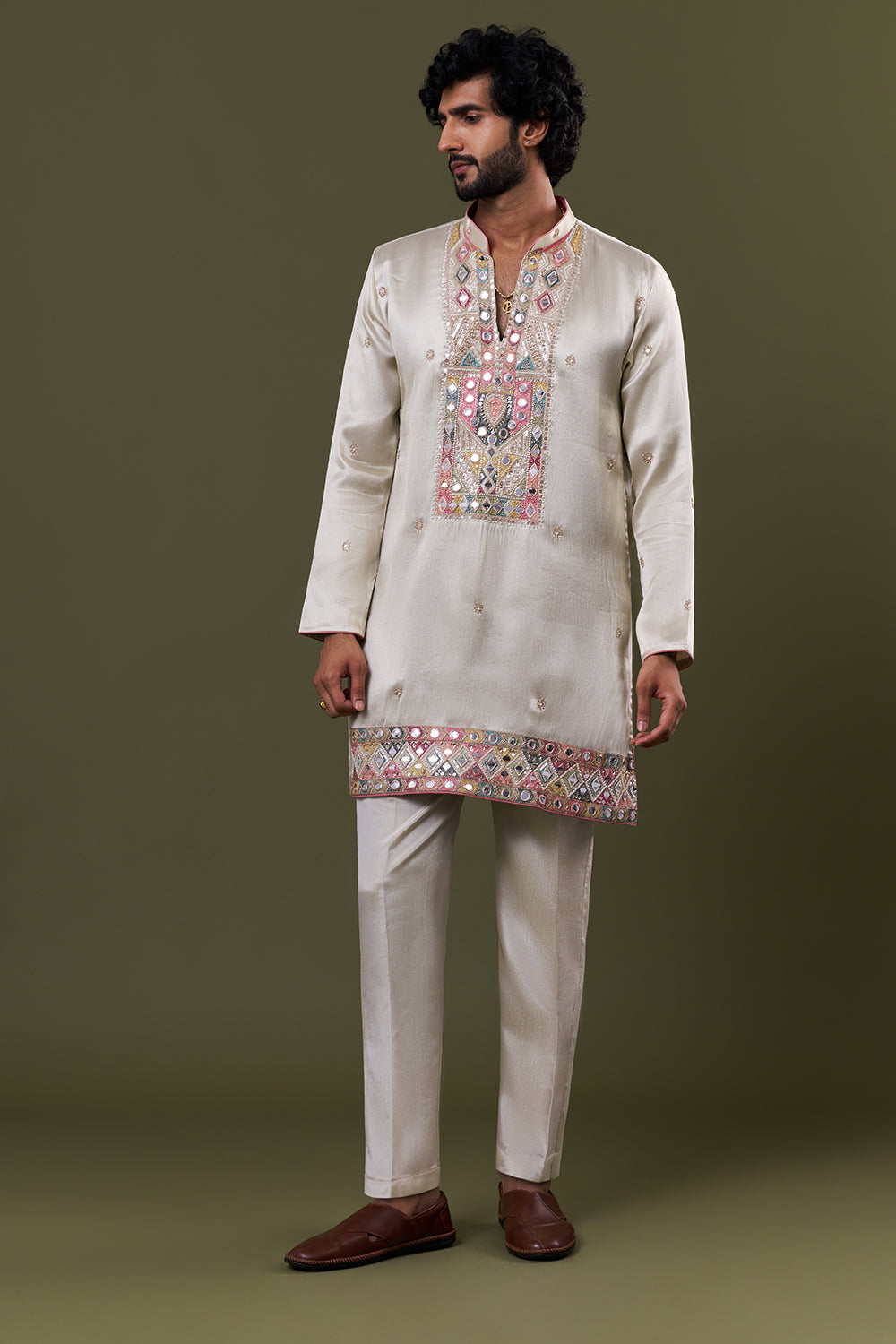 Pastel Blue Tissue Silk Mirror Embellished Kurta Set with Stole