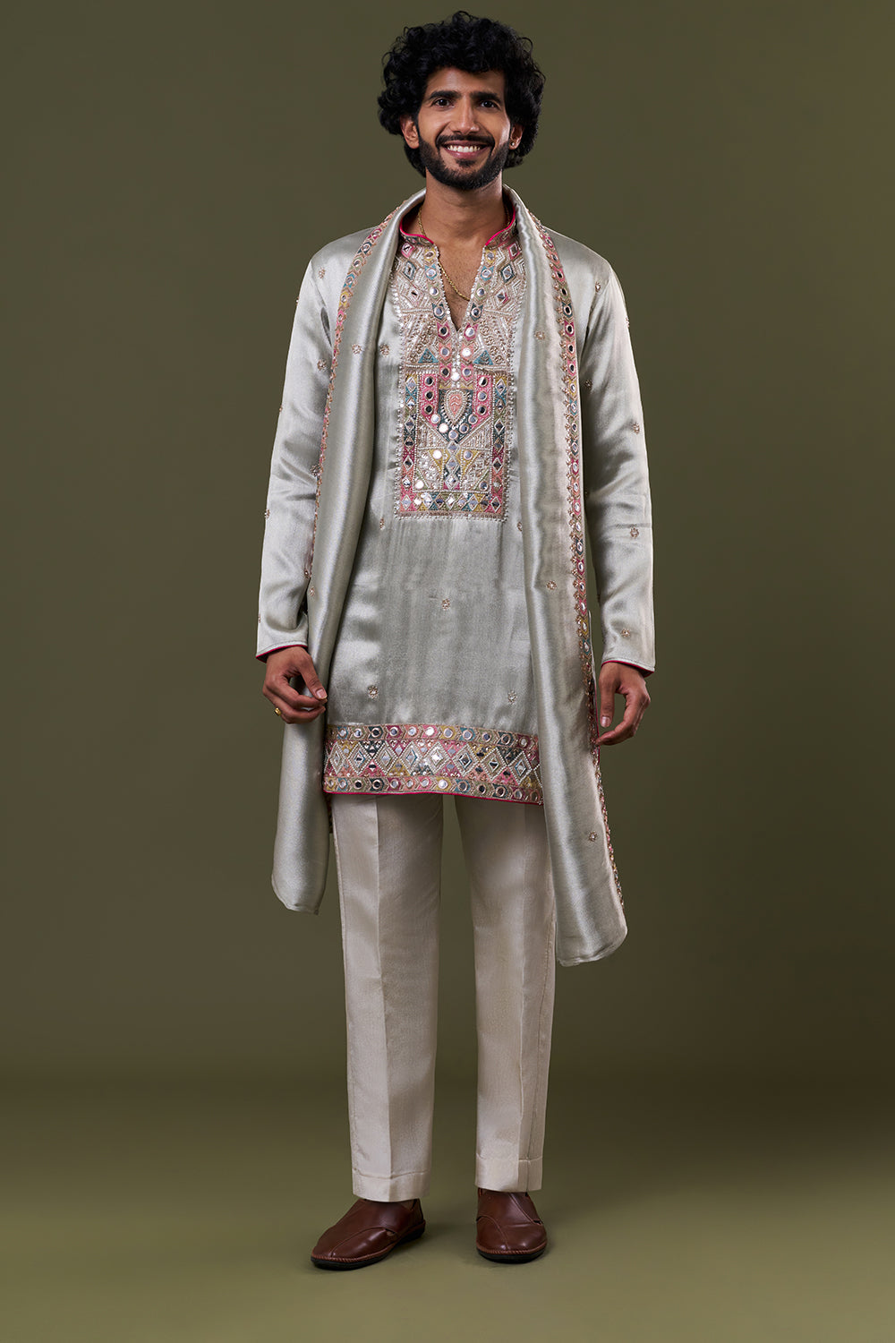 Pastel Blue Tissue Silk Mirror Geometric Embellished Kurta Set with Stole