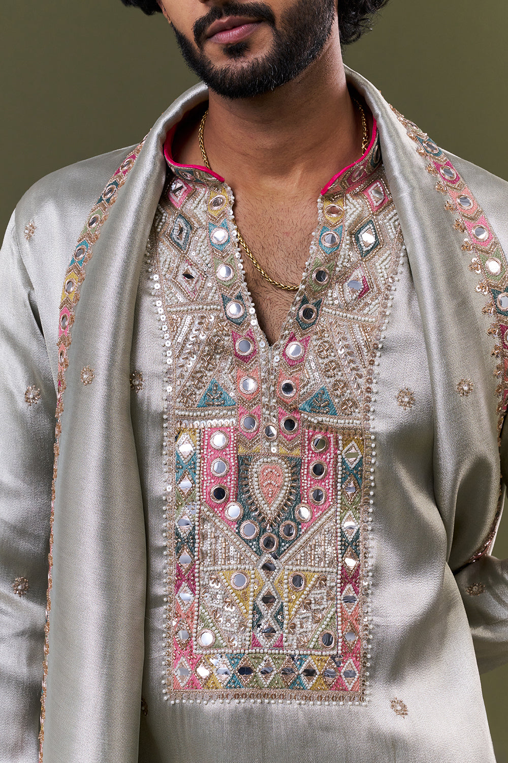 Pastel Blue Tissue Silk Mirror Geometric Embellished Kurta Set with Stole