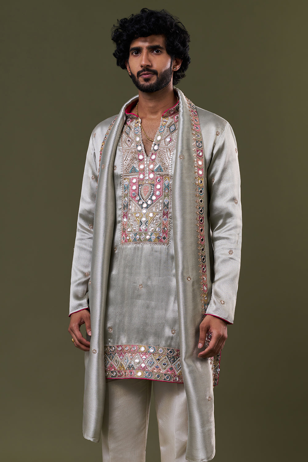 Pastel Blue Tissue Silk Mirror Geometric Embellished Kurta Set with Stole