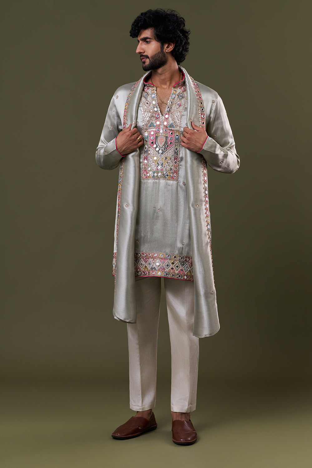 Pastel Blue Tissue Silk Mirror Geometric Embellished Kurta Set with Stole