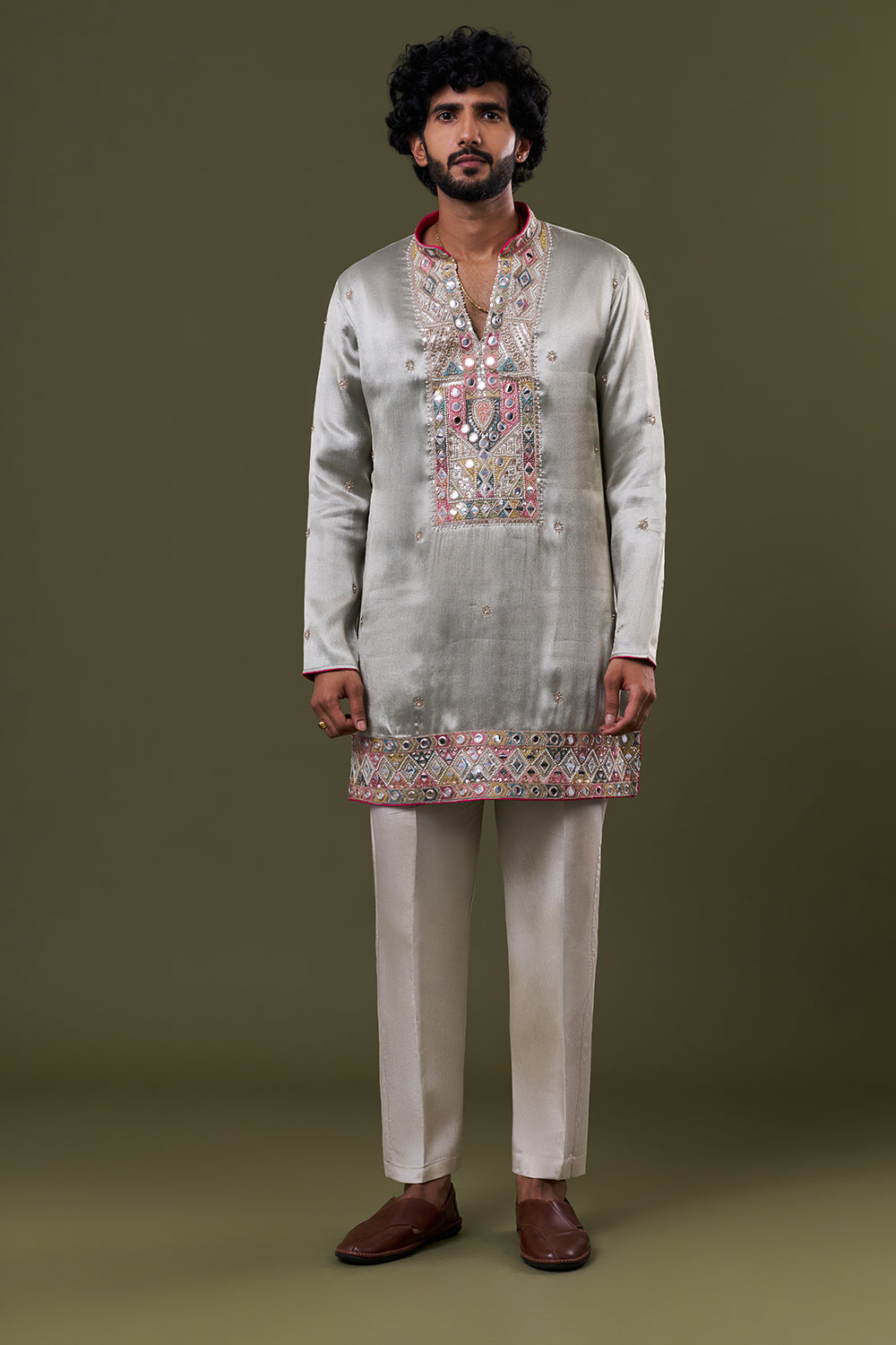 Pastel Blue Tissue Silk Mirror Geometric Embellished Kurta Set with Stole