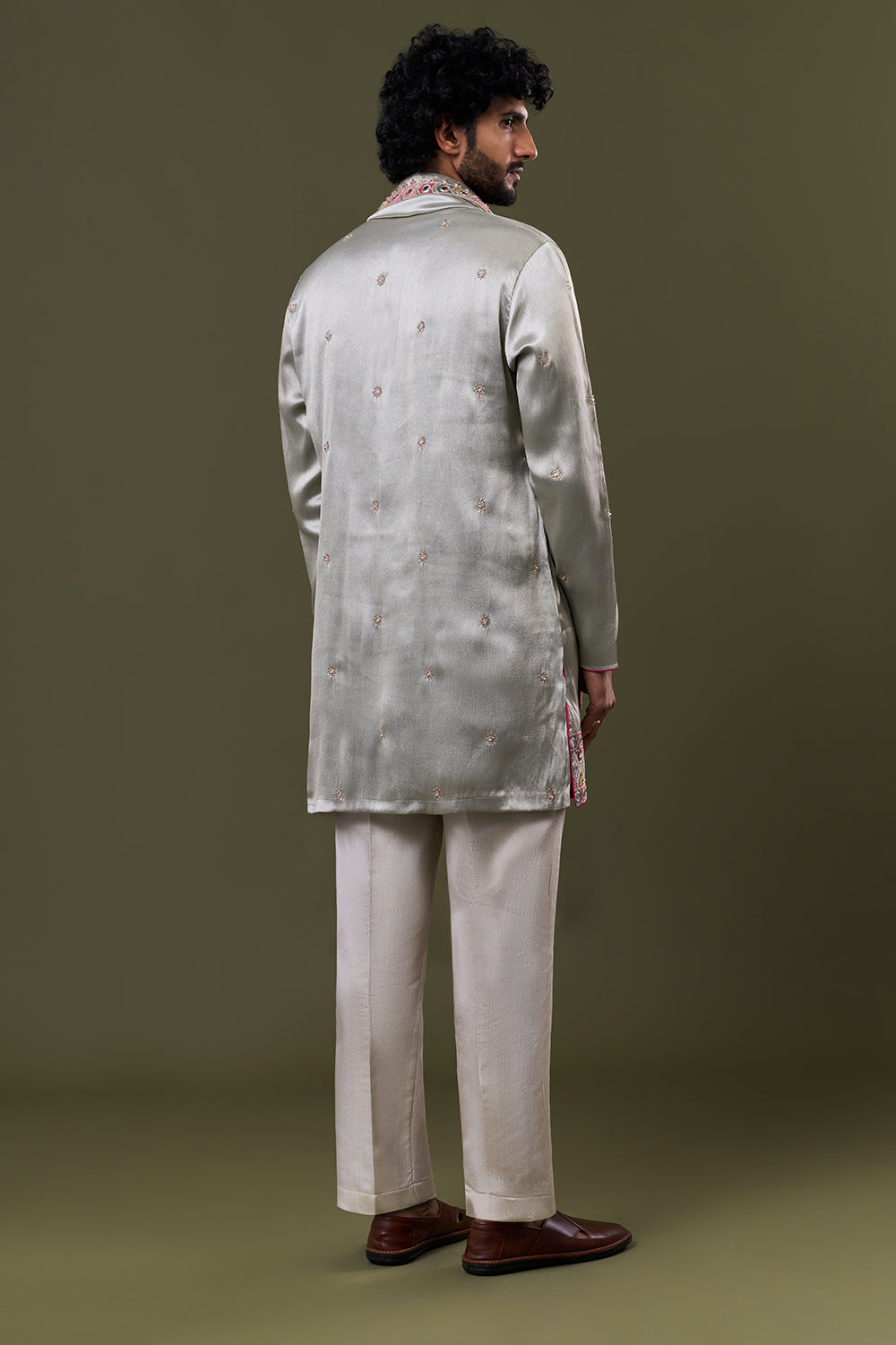Pastel Blue Tissue Silk Mirror Geometric Embellished Kurta Set with Stole
