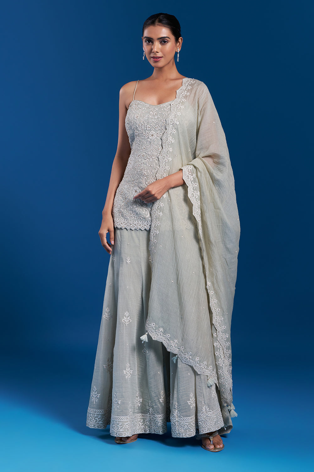 Pastel Green Muslin Saree Set with Resham Embroidery