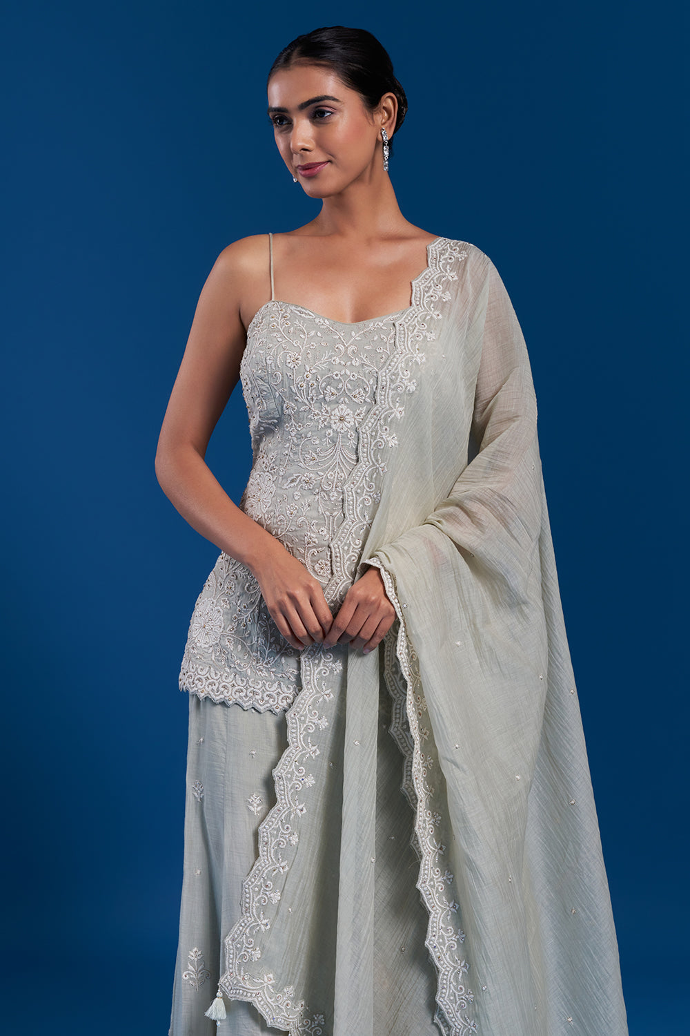 Pastel Green Muslin Saree Set with Resham Embroidery