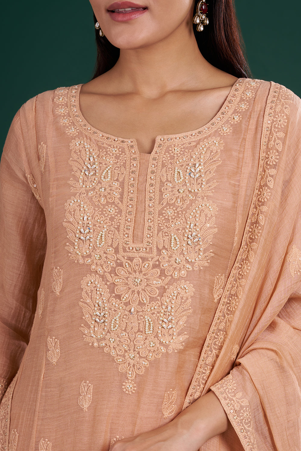 Peach Muslin Kurta Set With Thread Embroidery