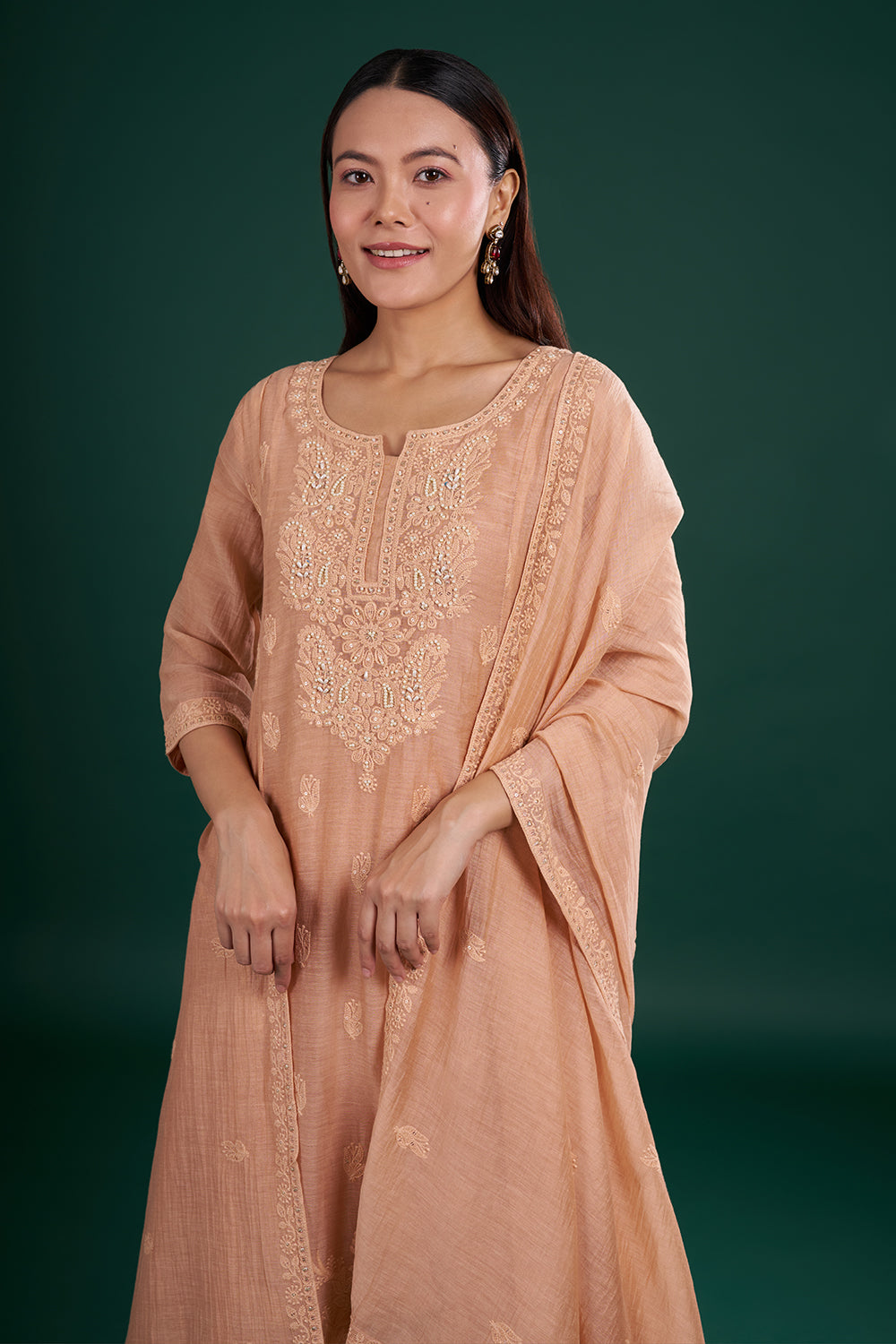Peach Muslin Kurta Set With Thread Embroidery