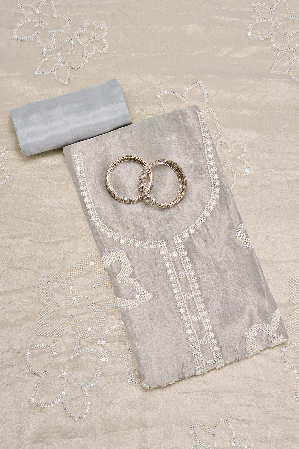 Pearl Grey Embroidered Cutdana Unstitched Suit Set