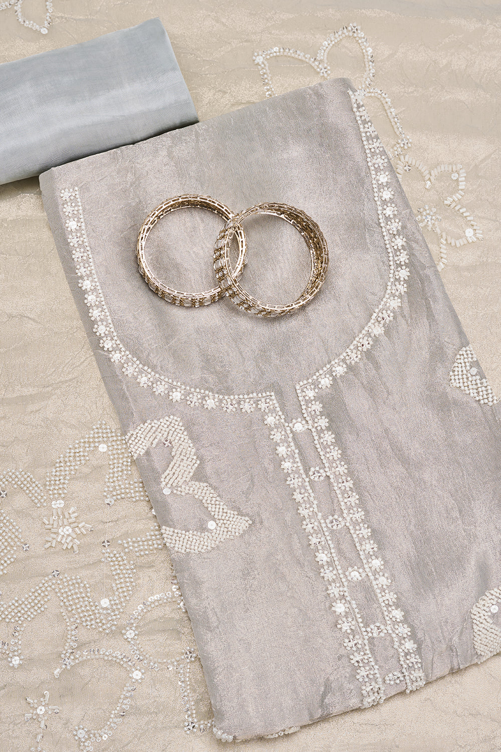 Pearl Grey Embroidered Cutdana Unstitched Suit Set