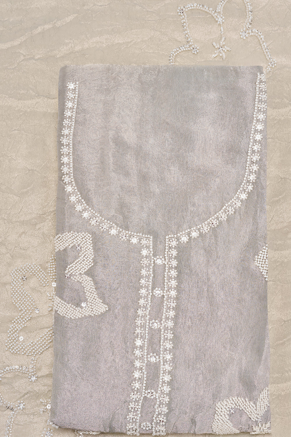 Pearl Grey Embroidered Cutdana Unstitched Suit Set