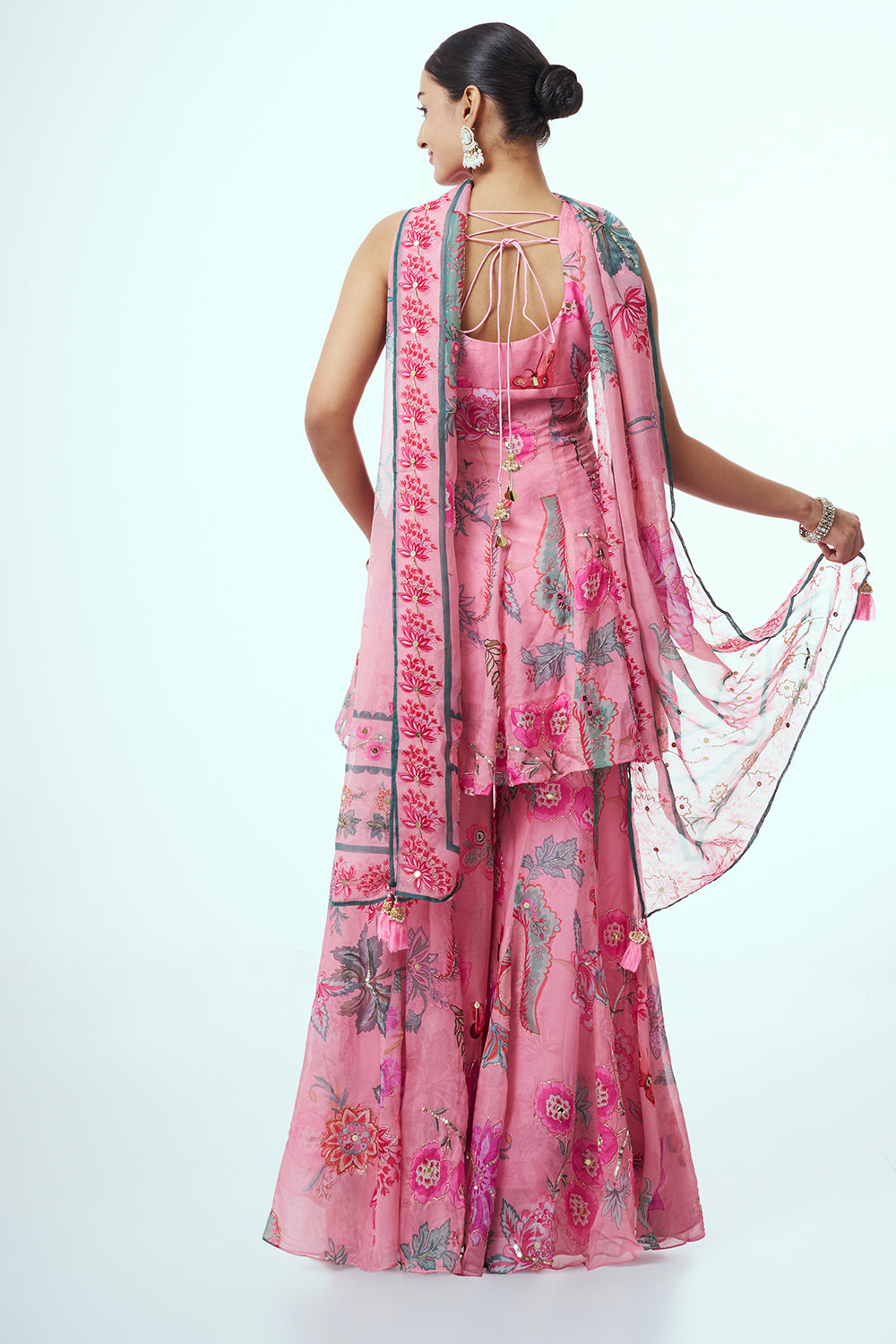 Pink Chiffon Indo Western with Mirror Work
