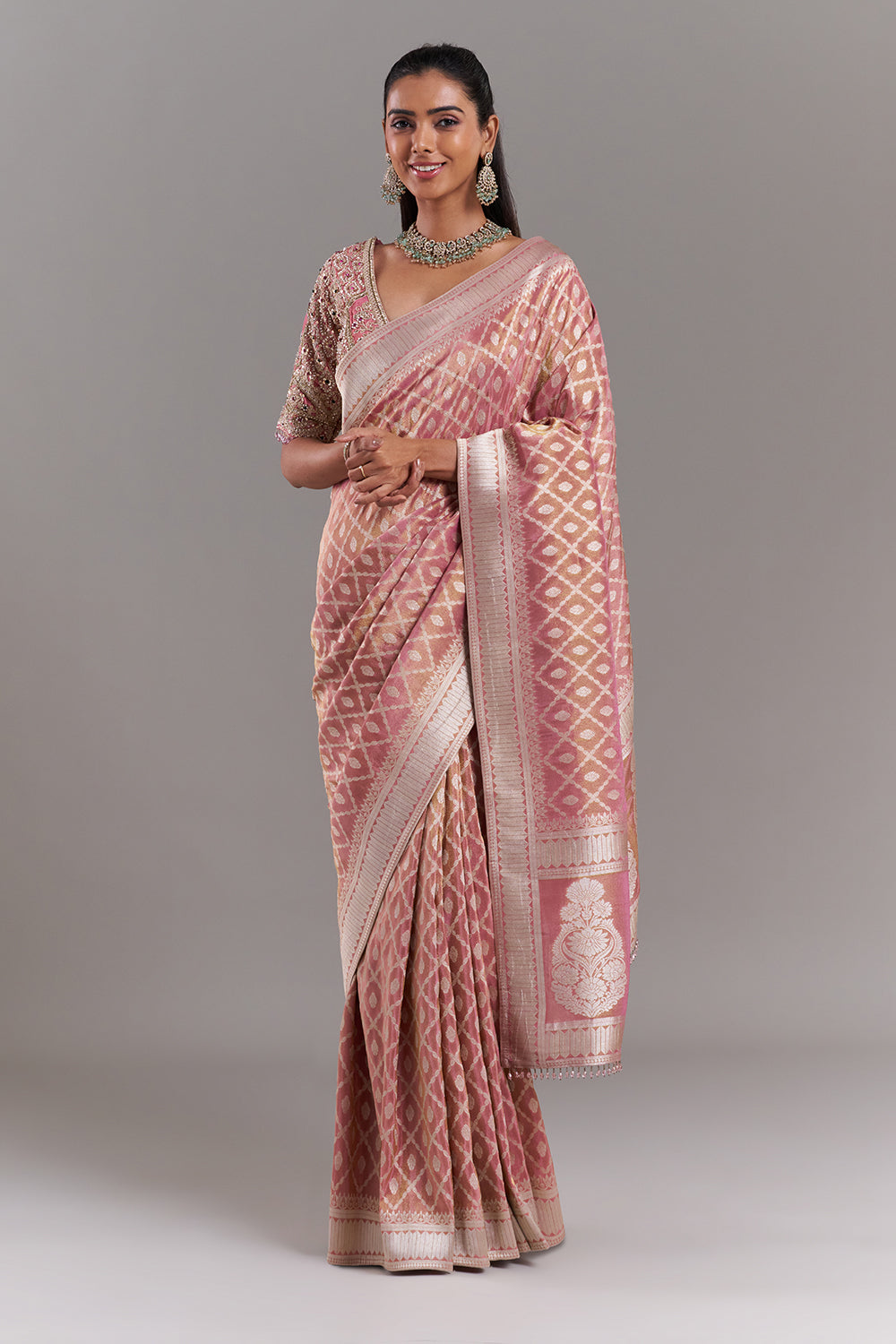 Pink Shimmer Tissue Banarasi Printed Saree