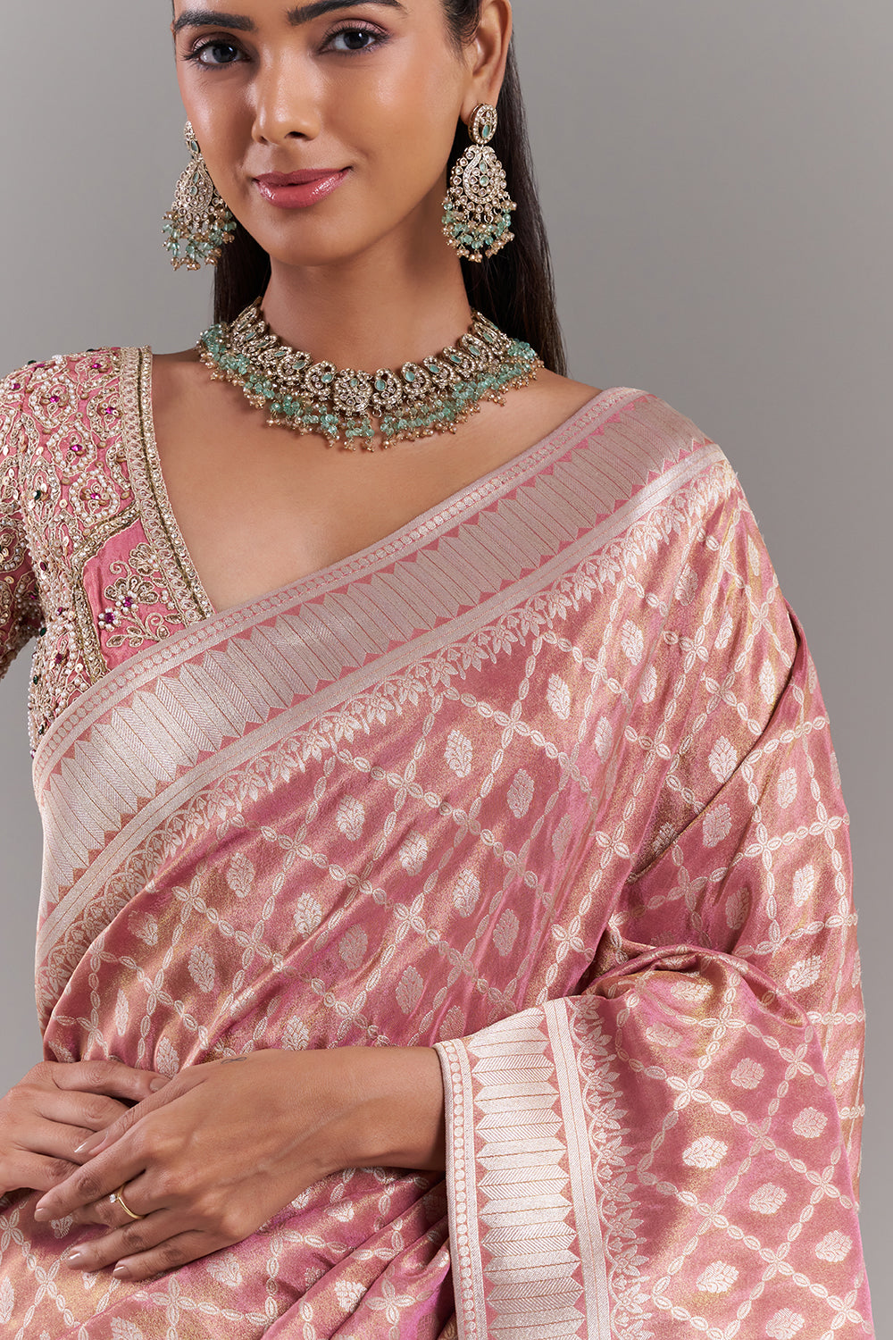 Pink Shimmer Tissue Banarasi Printed Saree