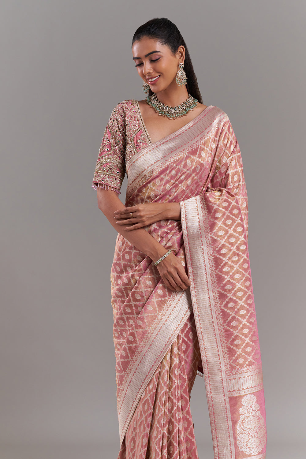 Pink Shimmer Tissue Banarasi Printed Saree