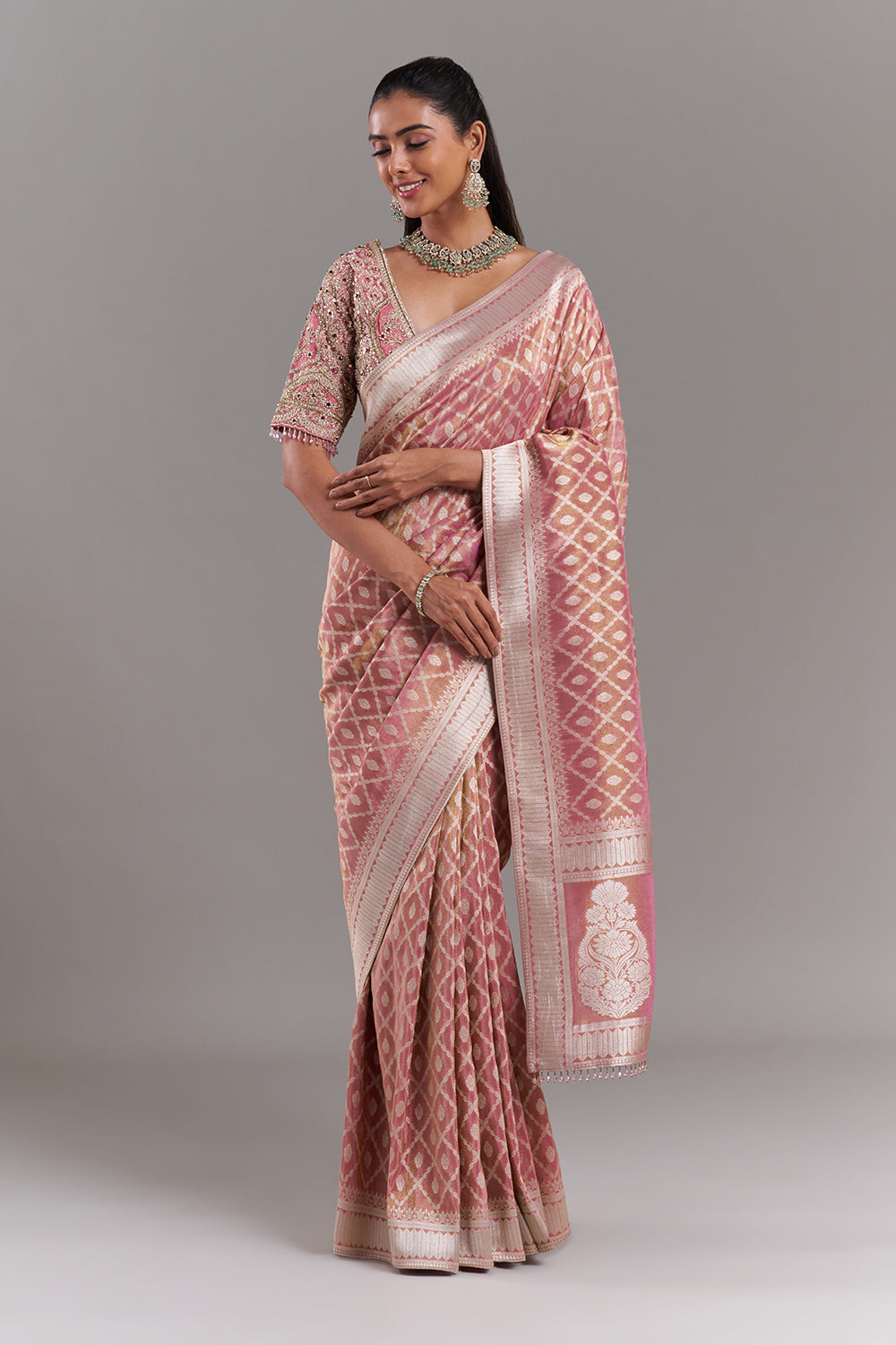 Pink Shimmer Tissue Banarasi Printed Saree