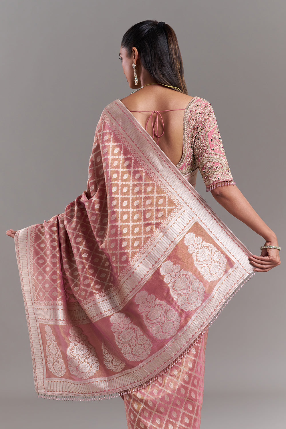 Pink Shimmer Tissue Banarasi Printed Saree