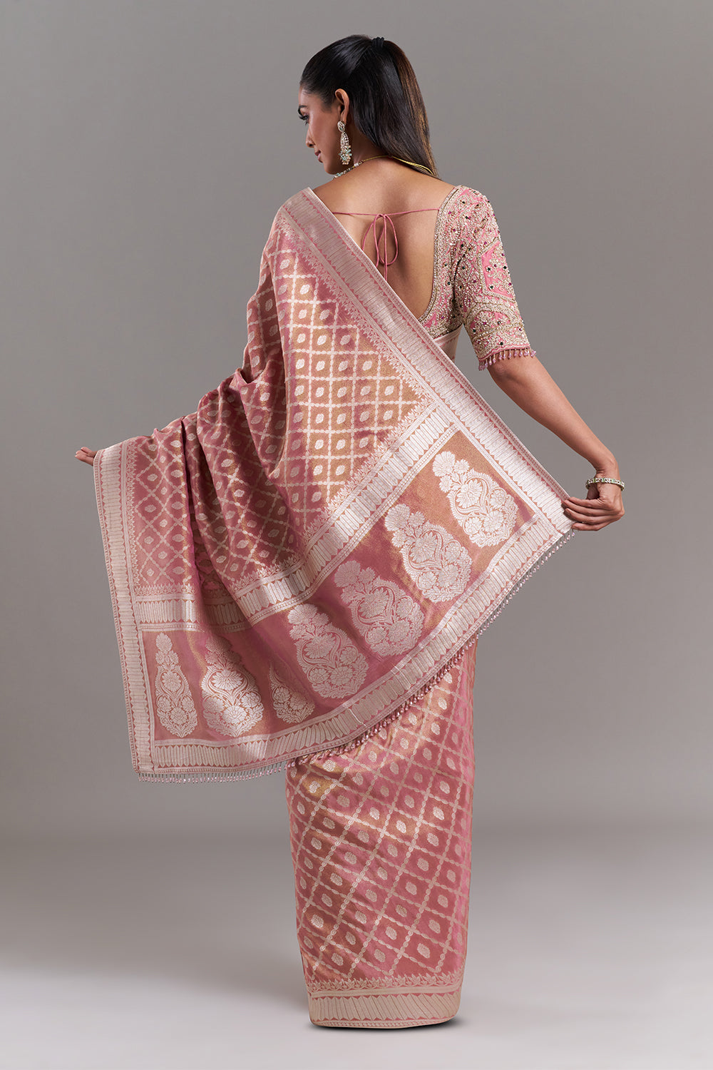 Pink Shimmer Tissue Banarasi Printed Saree