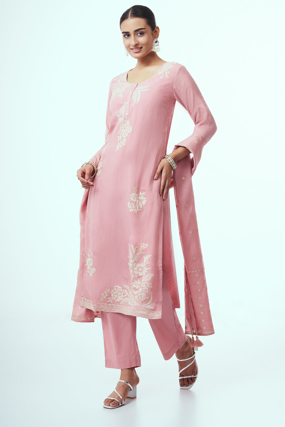 Pink Tissue Kurta Set with Applique Work
