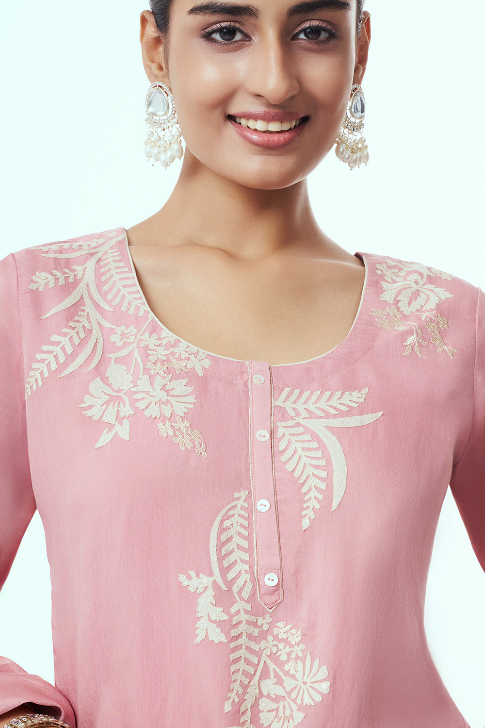 Pink Tissue Kurta Set with Applique Work
