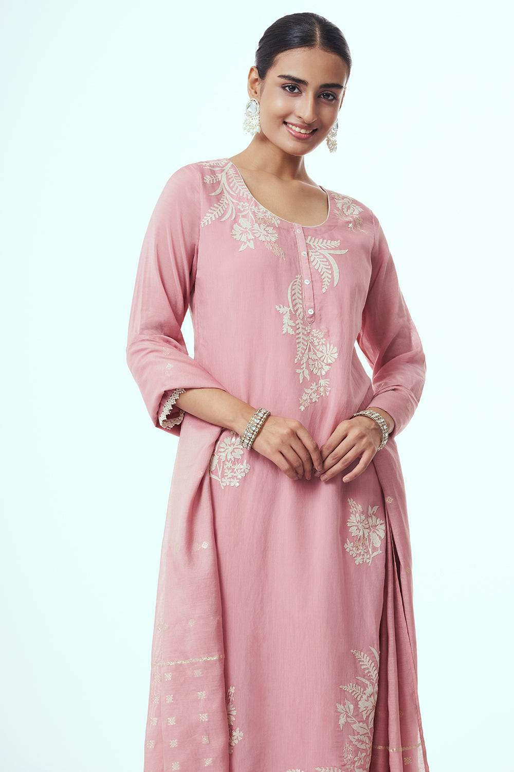 Pink Tissue Kurta Set with Applique Work