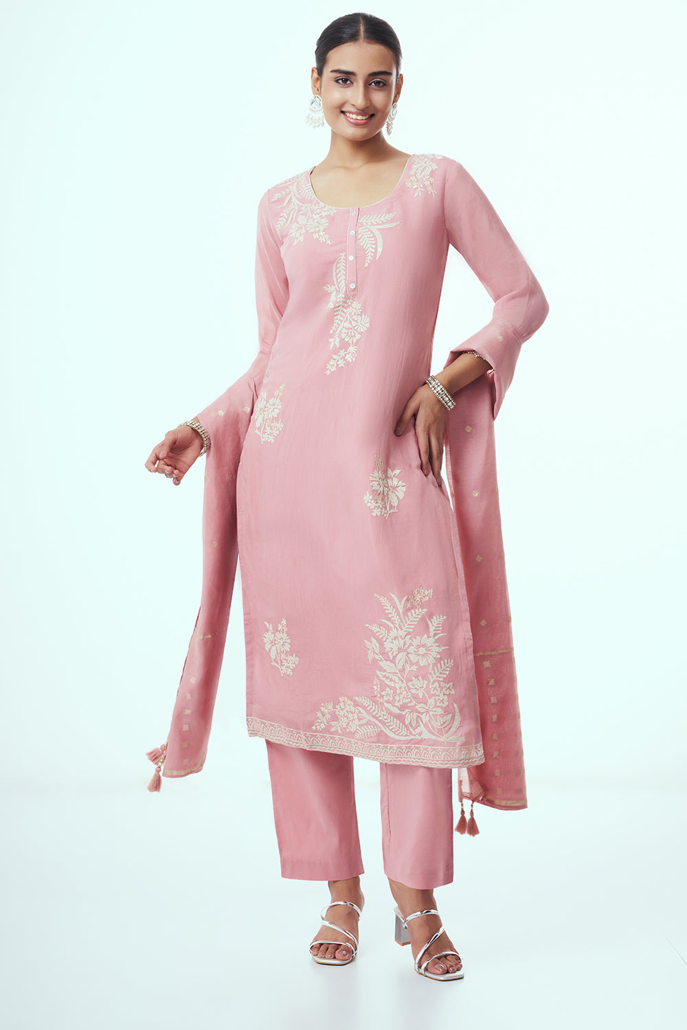 Pink Tissue Kurta Set with Applique Work